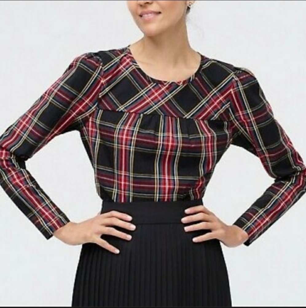J. Crew Factory - Black tartan plaid puff sleeved blouse